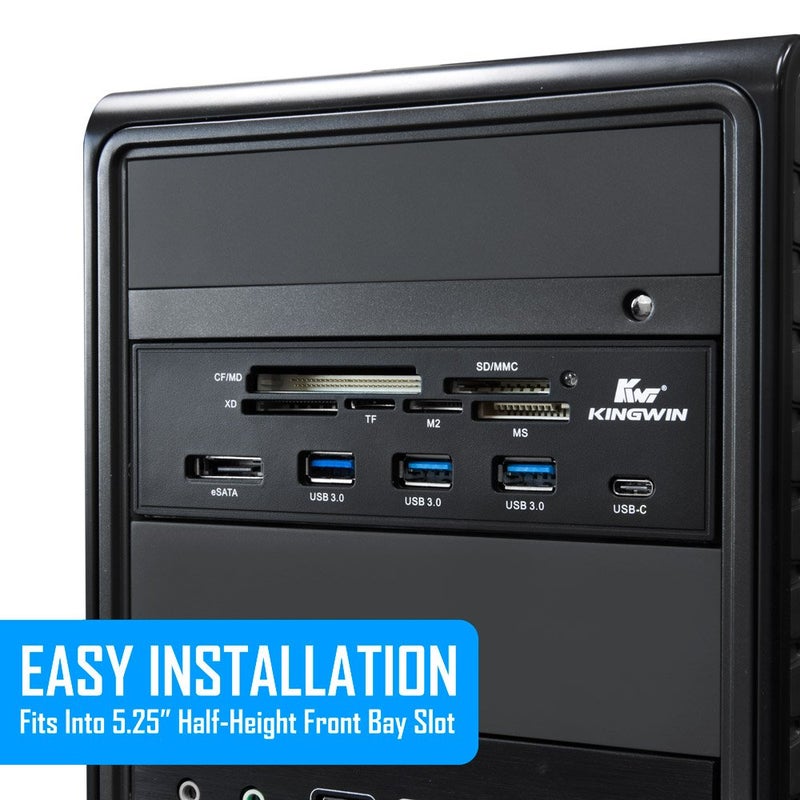 Kingwin Powered USB Hub 3.0 w/ 1 USB-C Port, SD Card Reader & Micro SD Card Reader - Sata Power Port w/Lightning Speed Data Transfer Up to 5Gbps - 5.25" Computer Case Front Bay, black (KW525-3U3CR) - Image 2